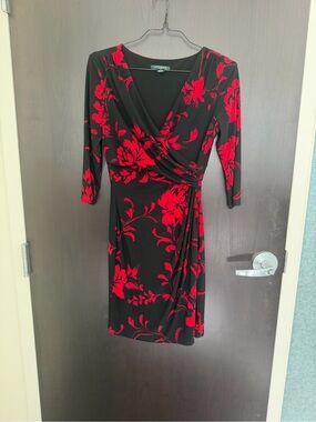 Lauren Ralph Lauren Black Dress with Red Floral Print - Long Sleeve Wrap Sz 10P